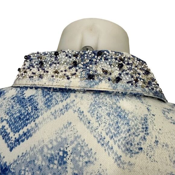 Chico’s Mixed Artisan Pattern Beaded Cropped Jean Jacket in Mysterious Blue XL - Picture 6 of 12